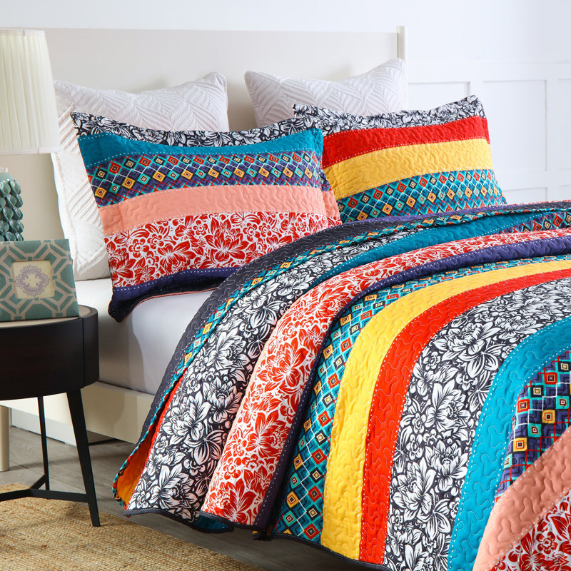 Soft Polyester 3 Pcs Bohemian Striped Multicolor Quilt Bedspread Set BY221, King Quilt + 2 Shams