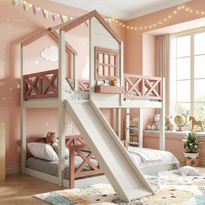 Lit superposé avec glissade, barrière de sécurité et rangement AVELOR Kids Playhouse - aucun sommier nécessaire