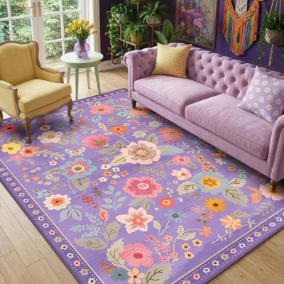 Floral 3 x 5 tapis lavables imprimé boho tapis mignon antidérapant fleur bas pour salon chambre cuisine bureau ferme - mauve / rose / multicolore
