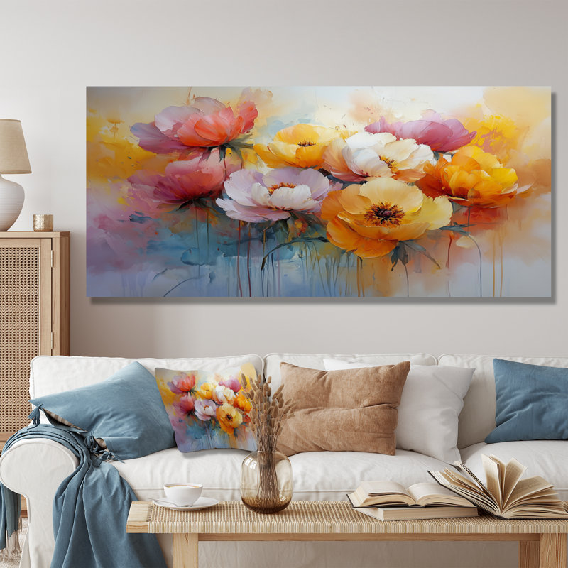 «Summer Peony Vibrant Garden II» - reproduction d'art sur toile encadrée, 12" H x 20" W, Toile tendue