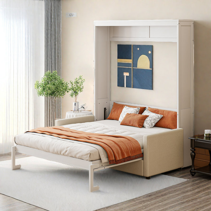 Lit escamotable double pleine grandeur avec coussin, Blanc