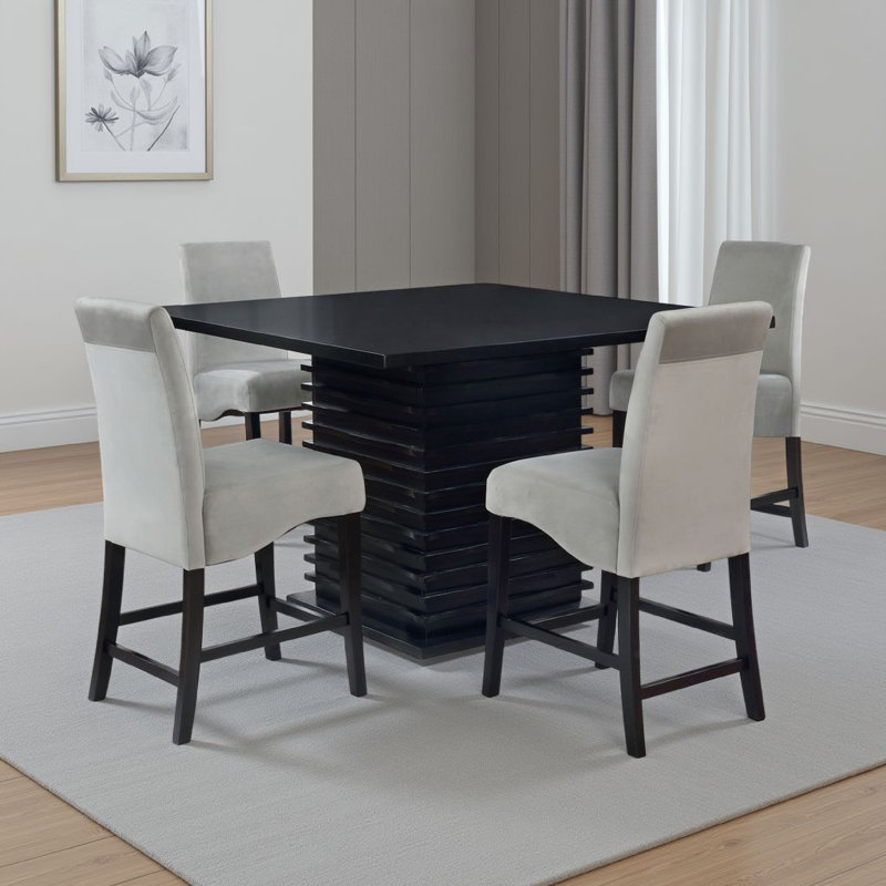 Pedestal Dining Set in Gray and Black, 5 Pieces: Table, 4 Chairs, 37"H x 53.9"L x 53.9"W