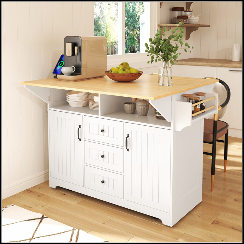 Grand îlot de cuisine de 55,7 po avec 2 abattants, chariot roulant sur 5 roues, prise de courant et grand espace de rangement pour les cuisines modernes
