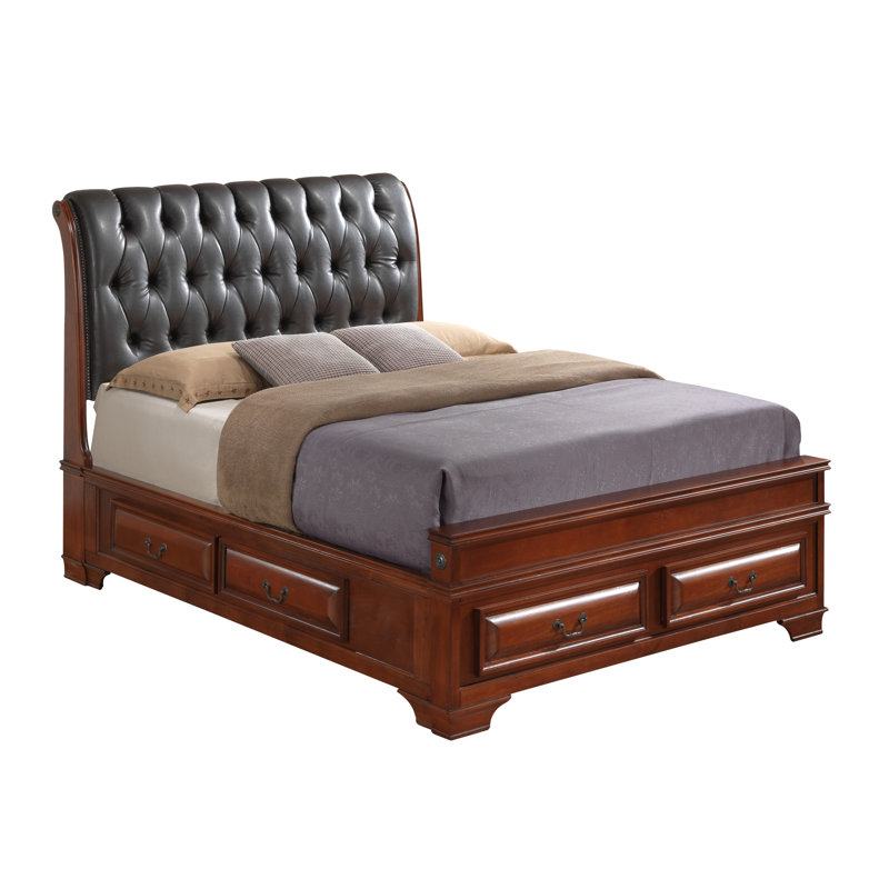 East Bay Vegan Leather Sleigh Storage Bed, Full, Oak