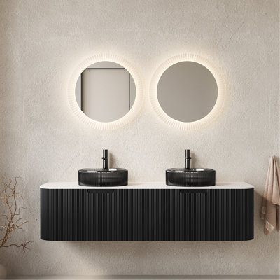 Meuble-lavabo de salle de bain et lavabo, armoire de rangement rayée à bords arrondis avec 2 tiroirs, 2 lavabos ronds noirs transparents et plateau fritté blanc, pré-assemblé