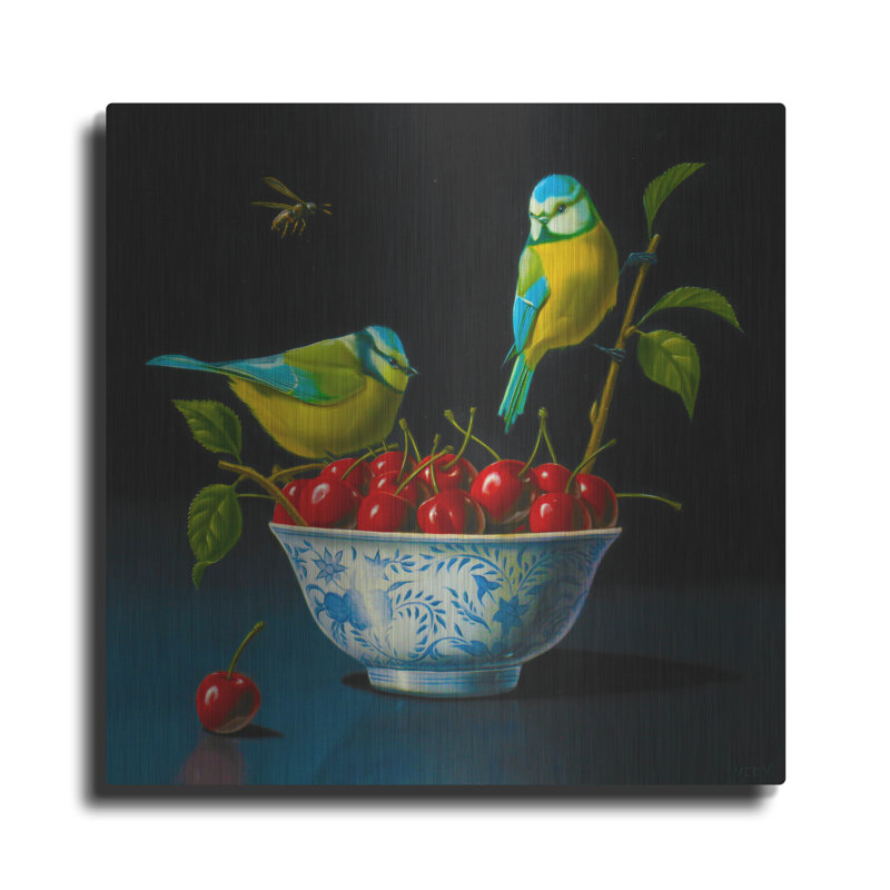 Art mural en métal luxueux, "Tits and cherries" par Valery Vecu Quitard, 36 po x 36 po, H 36 po x l 36 po