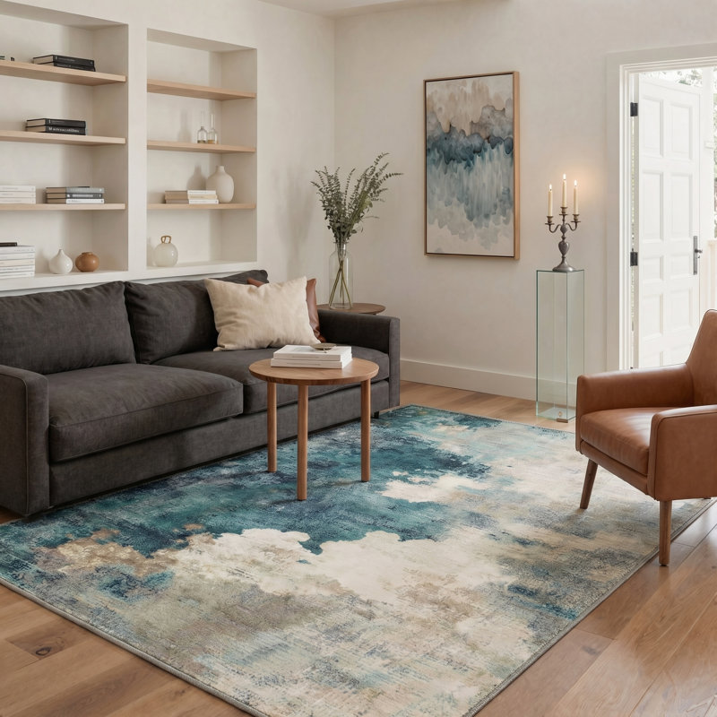 Aquatone Modern Machine Washable Beige / Blue Indoor Area Rug with Non-Slip Backing, Rectangle 9' x 12'