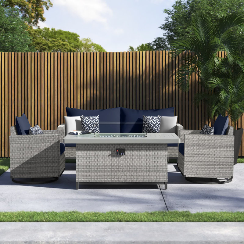 Sameko Amali 4 Piece Rattan Sofa Seating Group With Sunbrella Cushion Covers, Canvas Navy Sunbrella® Canvas, Gray