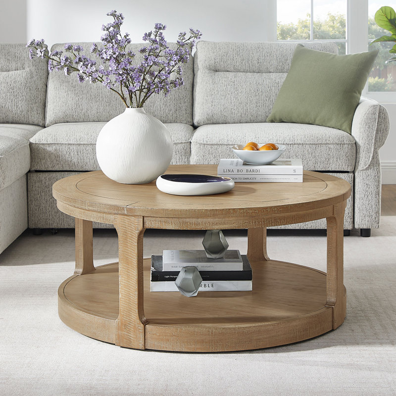 40Inch Large Curved 2 Tier Traditional Round Circle Wooden Center Coffee Table,Rounded Wooden Table With Wheels ,Table For Living Room,Office,Apartment