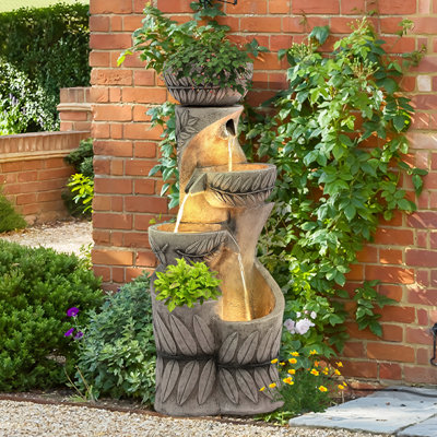 Fontaine d'eau de jardin en cascade de 36 po, fontaines extérieures à 4 niveaux et cascades avec lumières et pot de fleurs, motif de feuilles en 3D pour le jardin, le patio, la cour, le porche et la décoration intérieure