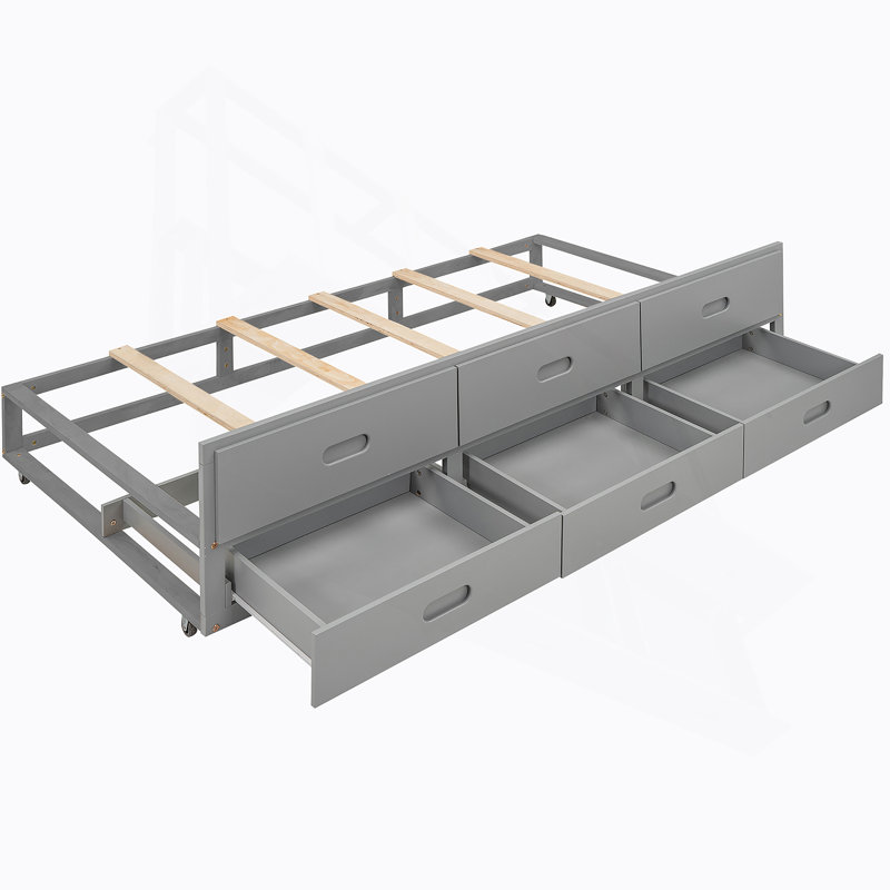Lit plateforme avec tête de lit, USB, lit gigogne et 3 tiroirs, gris