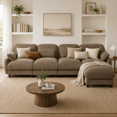 Canapé d'angle modulaire en forme de L Cavorlune Cloud pour 4 personnes avec pouf amovible, assise profonde en chenille moelleuse, coussins en mousse et ressorts, 4 petits coussins lombaires