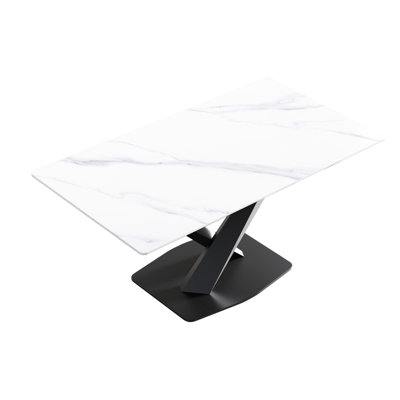 6 63" White Sintered Stone Dining Table With Solid Black Metal 63-inch Modern In Scratch- Feature & For 6