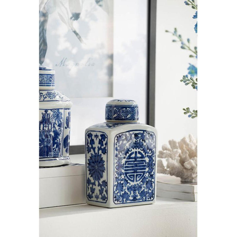 Pot rectangulaire en porcelaine de 8 po avec motif floral bleu et blanc, décoration traditionnelle pour table, bureau, manteau de cheminée, rangement ou pièce maîtresse