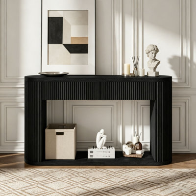 Console ovale cannelée avec 2 tiroirs et tablette inférieure
