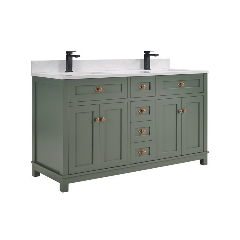 60" Finish Solid Wood Sink Vanity With 1' Artificial Stone Top, Pewter Green, Rose Gold