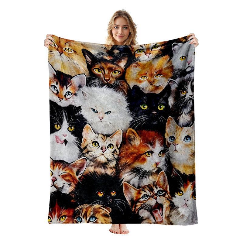 Jeté JYK, L 60 po x l 80 po, Motif de visages de chat