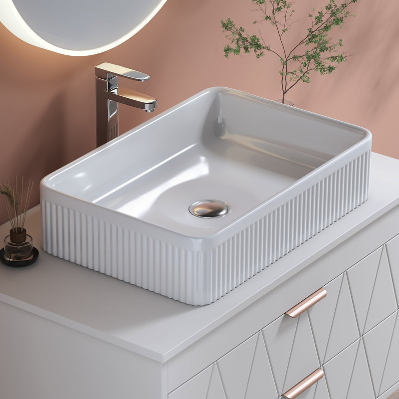 White Rectangular Ceramic Bathroom Vessel Sink With Drain Assembly