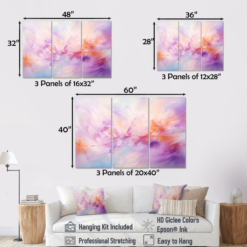Peinture, lavande, dérive, brume mauve - ensemble de décorations murales abstraites, Toile tendue, H 28 po x l 36 po x P 1 po
