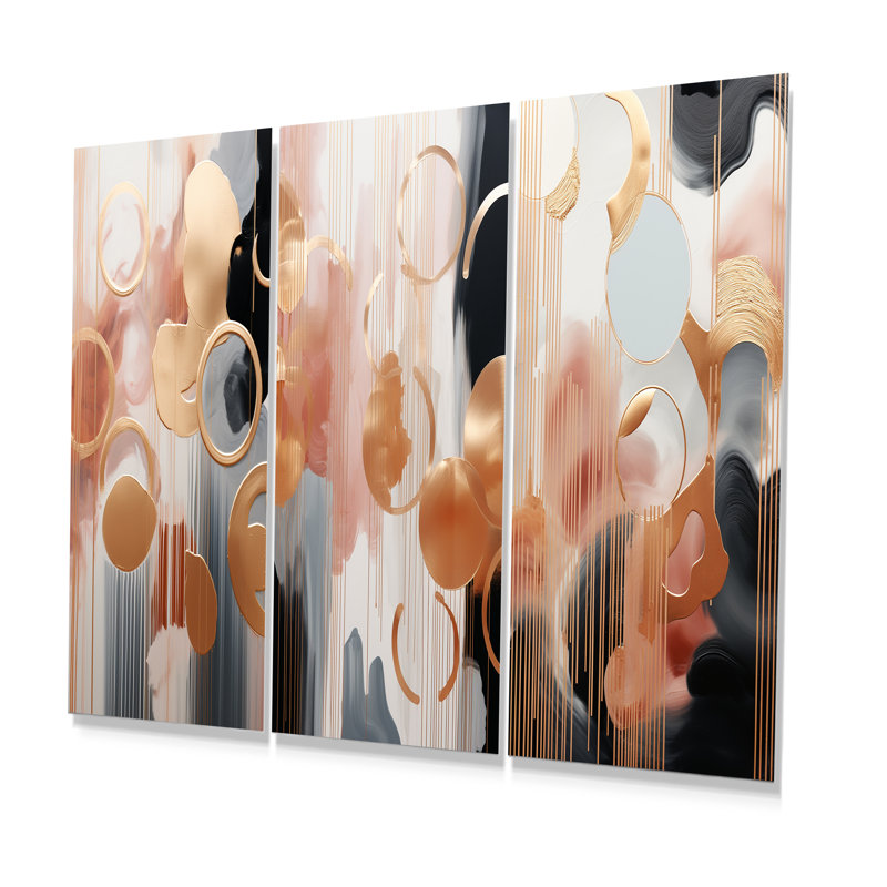 Or et blanc formes abstraites Harmony I - formes abstraites, ensemble de 3 impressions sur métal, H 28 po x l 36 po