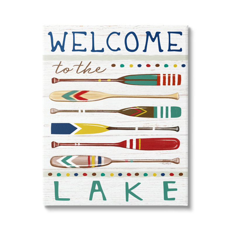«Lake Welcome Sign Striped Oars» par Elizabeth Tyndall - art textuel sur toile tendue, H 30 po x l 24 po x P 1,5 po