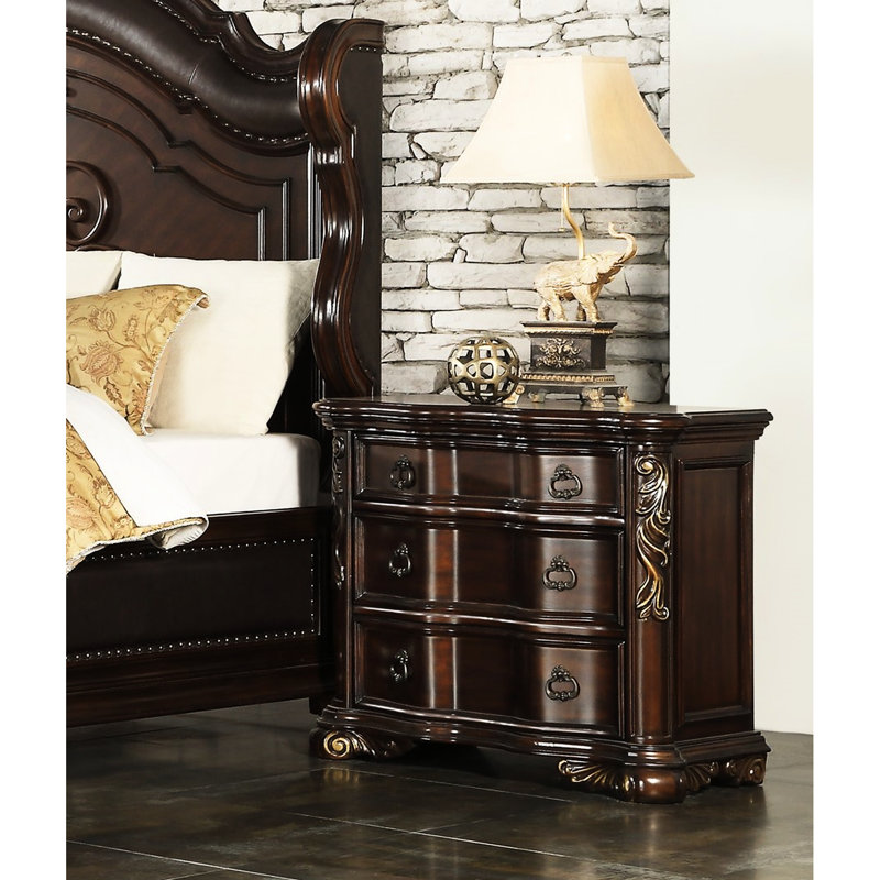 Table de chevet royale pour chambre à coucher, 3 tiroirs, fini placage cerisier, style traditionnel, pour la décoration