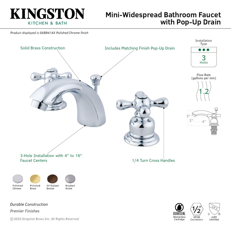 Kingston Brass Magellan Two-Handle 3-Hole Deck Mount Mini-Widespread Bathroom Faucet with Plastic Pop-Up, Polished Brass