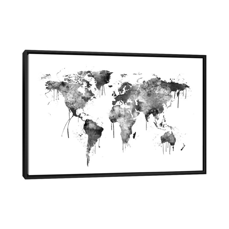" Watercolor Map Of The World Map, Grey Scale " by Michael Tompsett, 18" H x 26" W x 1.5" D, Black Framed Canvas, No Mat