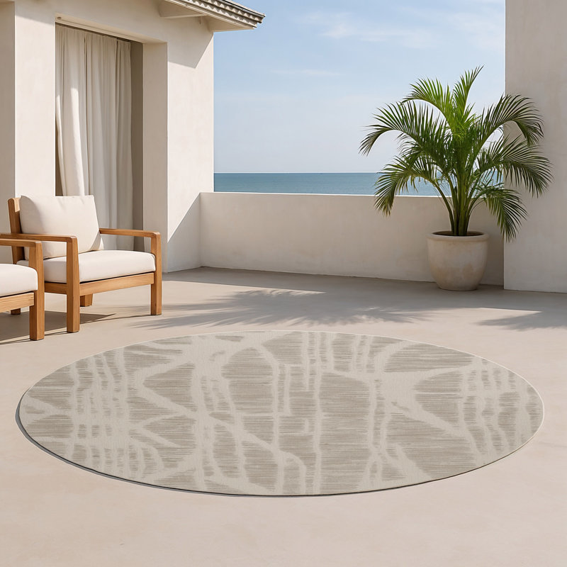 Abstract Beige Indoor and Outdoor Area Rug, Round 5'