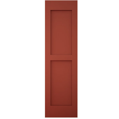 18"W x 84"H Americraft Two Equal Flat Panel Exterior Real Wood Shutters (Per Pair), w/ Aluminum Shutter Caps, Pepper Red