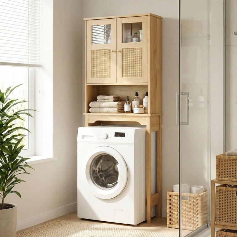 66.93'' Toilet Cabinet In Original Wood With Rattan Surface Double Doors