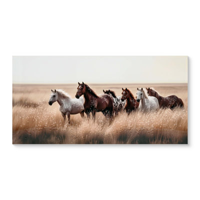Cozy Country Rustic Horses Wall Art Decor: Western Farm Equine Canvas Picture Wild Animals Walking On Empty Grassland Farmhouse Ponies Portrait Painting Artwork For Living Room Bedroom 40" X 20"
