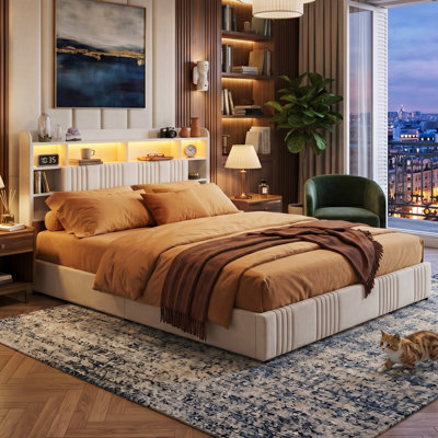 EU Double & Kingsize Linen Ottoman Bed with LED Lights, Upholstered Smart Bed Frame with USB & Type-C Charging Station, Beige & Grey, 140/160x200cm