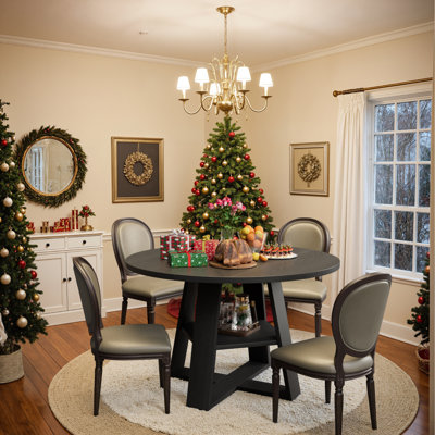 47 Inch Round Wood Dining Table for 4-6, Farmhouse Kitchen Table With Cross Pedestal & Storage Shelf for Kitchen and Dining Room- Black