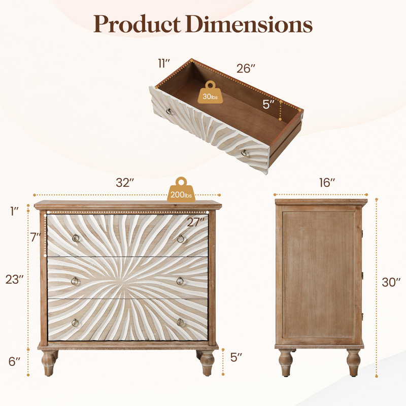 3 Drawer Dresser, 32" Wide Accent Chest