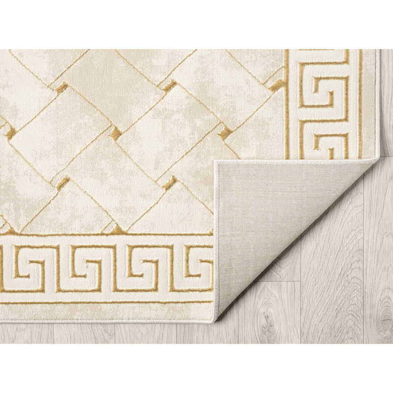 Tapis à bordure abstraite crème / or Ksamil Collection, Rectangle 5 pi 3 po x 7 pi 3 po