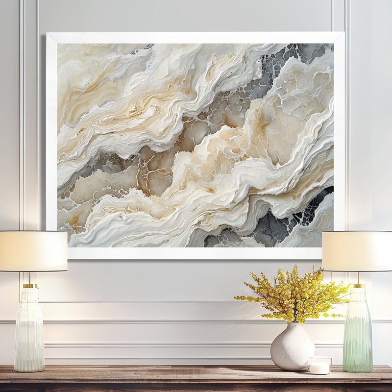 Oasis de marbre doux doux neutre III - art abstrait en marbre, H 24 po x l 32 po, Cadre simple, Blanc