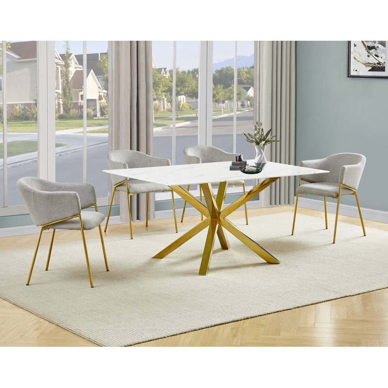 Ensemble de salle à manger rectangulaire en verre avec revêtement en marbre avec chaises en lin, 5, Gris/doré