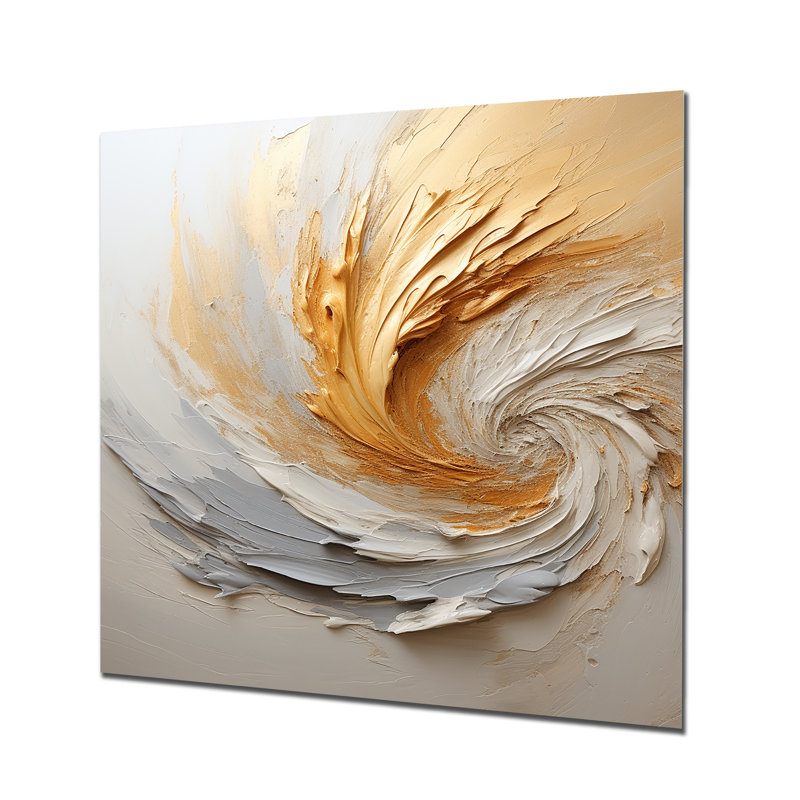 Peinture abstraite or et blanc Spiral I - Art mural abstrait en spirale en métal, H 36 po x l 36 po x P 1,5 po
