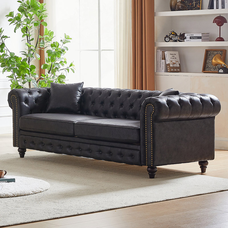 Canapé Chesterfield en similicuir, H 28,3 po x l 85,5 po x P 32,3 po, Noir