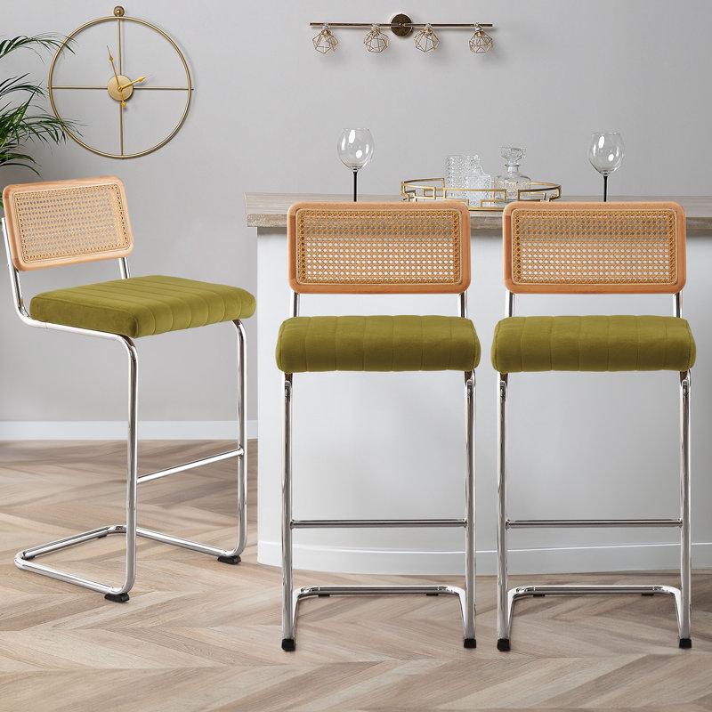 Oliver Green Velvet Upholstered Bar Stools with Silver Metal Frame