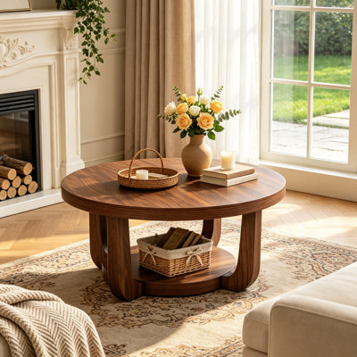 Round Coffee Table, Coffee Table with Storage, Small Coffee Table, Modern Coffee Table, Accent Table - 31.5" 2-Tier Circle Center Table for Living Room, Walnut Color
