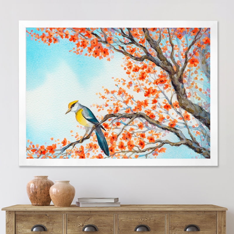 Magnifique oiseau orange sur une branche en fleurs - Peinture sur toile encadrée, H 24 po x l 32 po x P 1 po, Cadre blanc