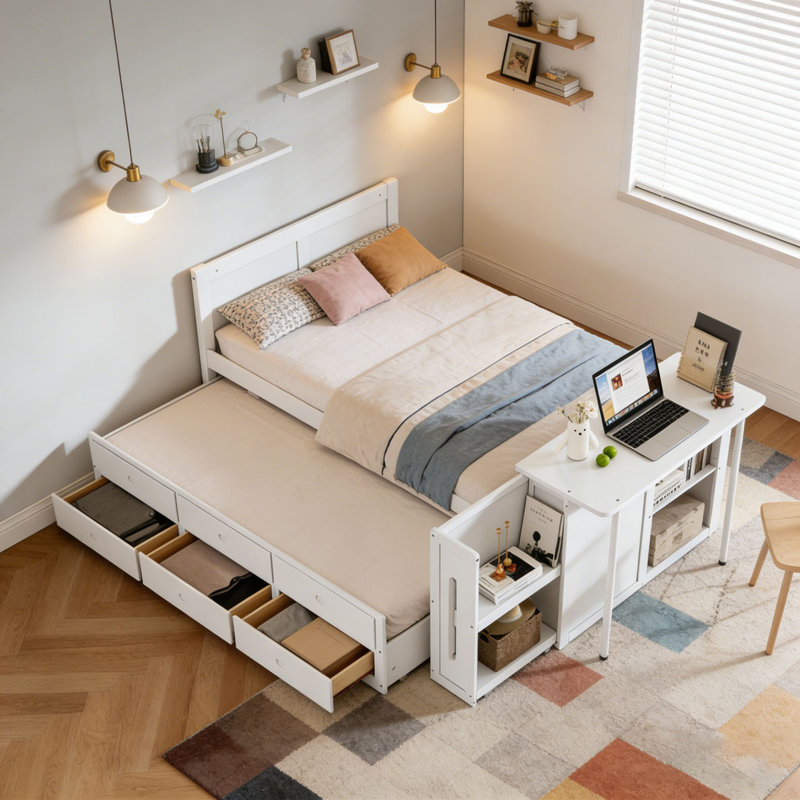 Lit plateforme simple en bois multifonctionnel avec bureau et tablette de rangement au bout du lit, Blanc