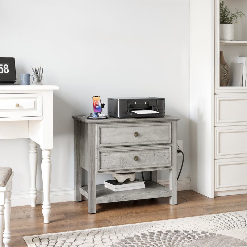  Table de chevet moderne à 2 tiroirs l 26,7 po avec station de charge et tablette ouverte, Individuel