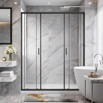 Porte de douche coulissante de 152 cm x 183 cm (60 po x 72 po) avec cadre en aluminium noir mat, ouverture centrale à 4 panneaux et double vitrage coulissant de 6 mm (1/4 po) d'épaisseur.