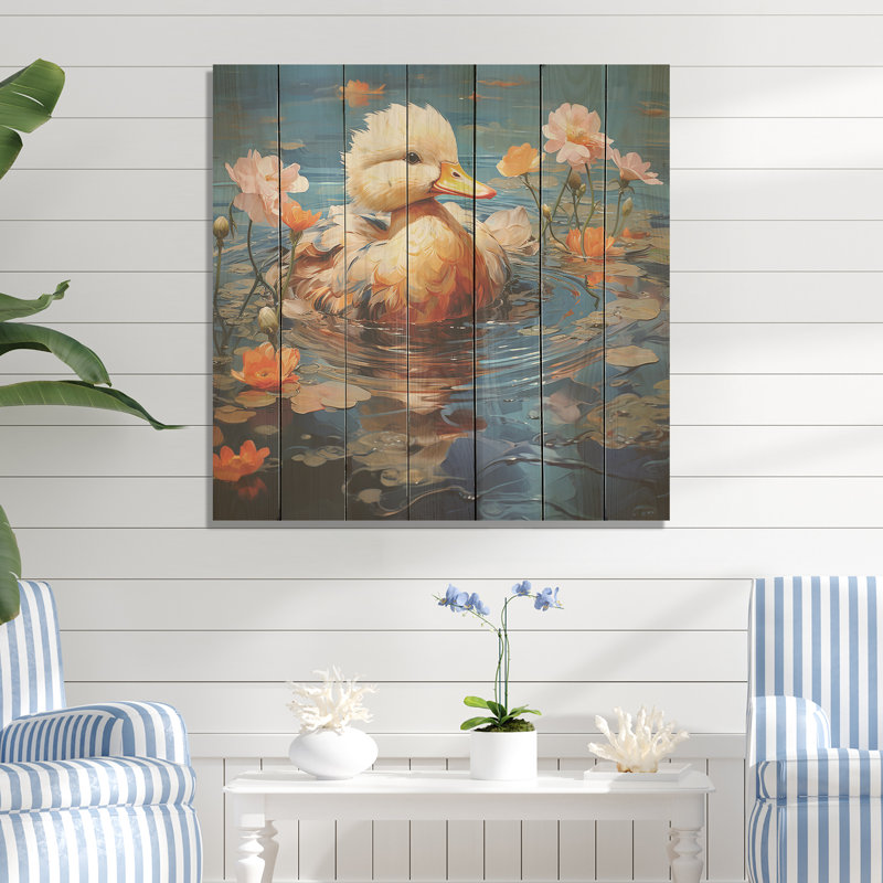«Ducklings Morning Quack Lake I» - animal canard sur bois, H 30 po x l 30 po