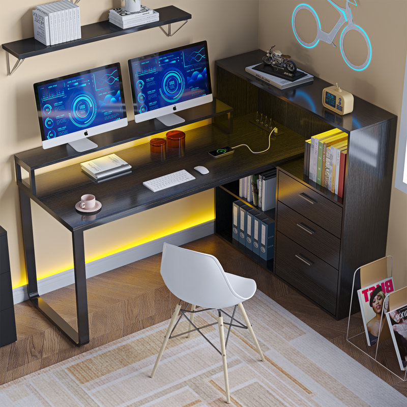 Bureau en L avec lumières DEL et 3 tiroirs Jaemon , Noir