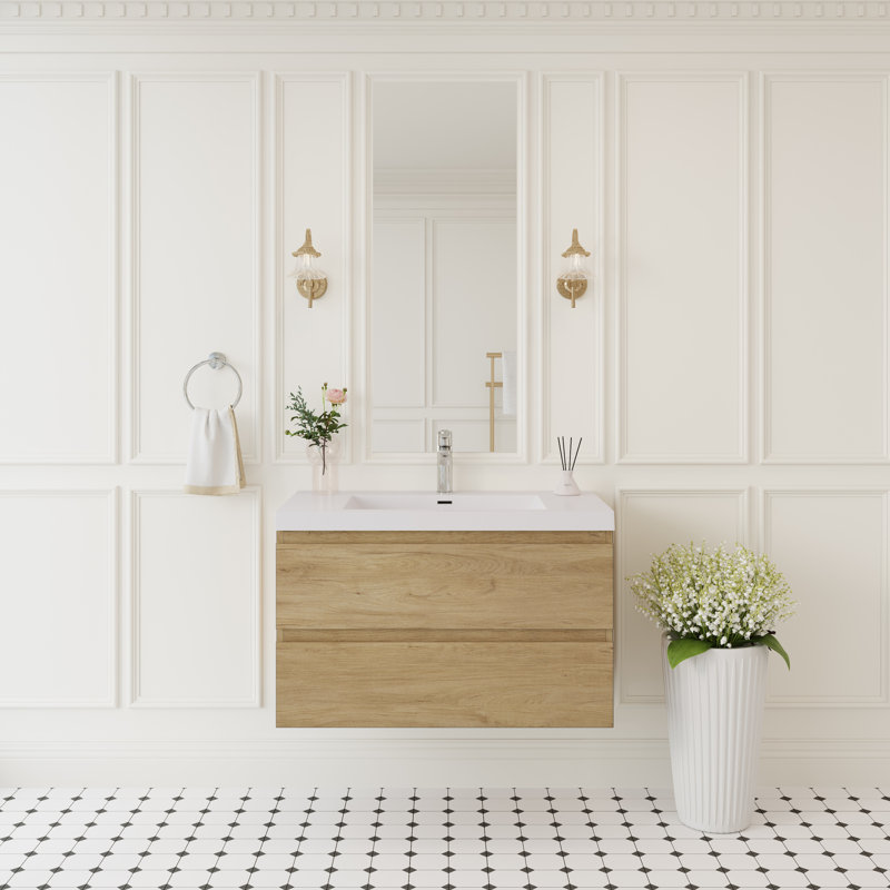 36" Floating Bathroom Vanity Modern Wall-Mounted Single Vanity with Integrated Resin Top, 2 Soft Close Drawers, Full Assembly, Natural Oak