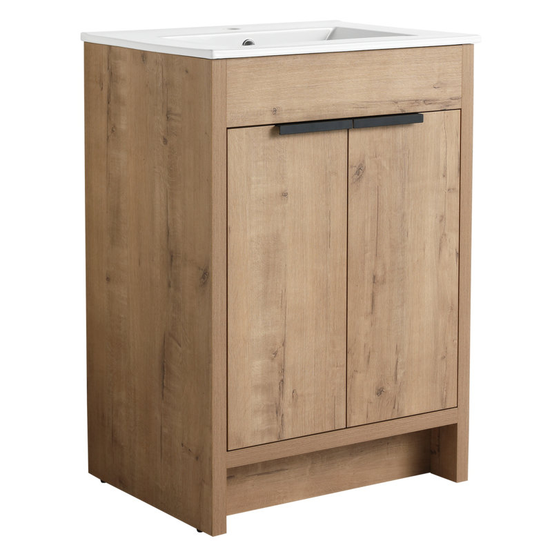 Meuble-lavabo simple 24,09 po avec comptoir en céramique, Chêne, Blanc